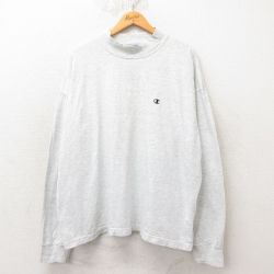 XL★古着 チャンピオン Champion 長袖 ビンテージ Tシャツ メンズ 90年代 90s ワンポイントロゴ 大きいサイズ モックネック ハイネック USA製 グレー 霜降り 【spe】 25jun12 中古