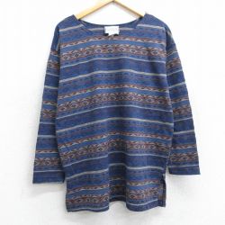 XL★古着 長袖 ビンテージ Tシャツ メンズ 90年代 90s ネイティブ柄 ラグ柄 クルーネック USA製 紺他 ネイビー ボーダー 【spe】 25jun13 中古