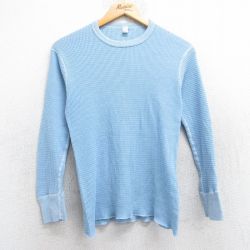 M★古着 長袖 ビンテージ サーマル Tシャツ メンズ 80年代 80s 無地 クルーネック USA製 水色 25jun13 中古