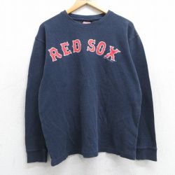 XL★古着 長袖 ビンテージ サーマル Tシャツ メンズ 00年代 00s MLB ボストンレッドソックス 大きいサイズ コットン クルーネック 紺 ネイビー メジャーリーグ ベースボール 野球 25jun13 中古