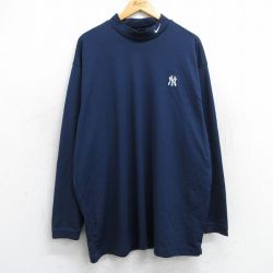 XL★古着 ナイキ NIKE ゴルフ 長袖 Tシャツ メンズ MLB ニューヨークヤンキース ワンポイントロゴ 大きいサイズ ロング丈 モックネック ハイネック 紺 ネイビー メジャーリーグ ベースボール 野球 25jun13 中古