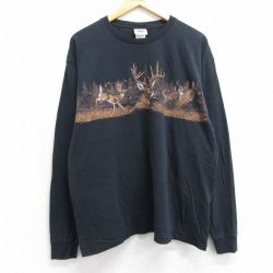 【50%OFF】XL★古着 長袖 ビンテージ Tシャツ メンズ 00年代 00s シカ コットン クルーネック 黒 ブラック 25jun13 中古