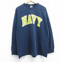 XL★古着 長袖 ビンテージ Tシャツ メンズ 00年代 00s ミリタリー ネイビー NAVY コットン クルーネック 紺 25jun13 中古