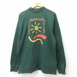 L★古着 フルーツオブザルーム 長袖 ビンテージ Tシャツ メンズ 90年代 90s 太陽 企業広告 コットン モックネック ハイネック USA製 緑 グリーン 25jun13 中古
