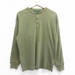 L★古着 ジェイクルー J.CREW 長袖 ビンテージ Tシャツ メンズ 90年代 90s 無地 コットン ヘンリーネック USA製 薄緑 グリーン 25jun16 中古