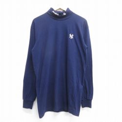 L★古着 マジェスティック 長袖 ビンテージ Tシャツ メンズ 90年代 90s MLB ニューヨークヤンキース ワールドシリーズ タートルネック ハイネック USA製 紺 ネイビー メジャーリーグ ベースボール 野球 25jun16 中古