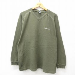 XL★古着 オールドネイビー OLD NAVY 長袖 ビンテージ Tシャツ メンズ 00年代 00s ワンポイントロゴ ラグラン 大きいサイズ コットン Vネック 濃緑 グリーン 25jun19 中古