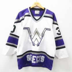 XL★古着 長袖 ビンテージ Tシャツ アイスホッケー ジャージ メンズ 90年代 90s SELECTS メッシュ地 大きいサイズ Vネック カナダ製 白他 ホワイト 25jun19 中古