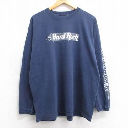 XL★古着 長袖 ビンテージ Tシャツ メンズ 90年代 90s ハードロックカフェ アトランタ コットン クルーネック USA製 紺 ネイビー 25jun18 中古