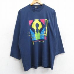 L★古着 スクリーンスターズ 長袖 ビンテージ Tシャツ メンズ 90年代 90s マラソン ウエスパン湖 企業広告 クルーネック USA製 紺 ネイビー 25jun19 中古