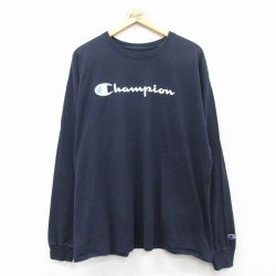 XL★古着 チャンピオン Champion 長袖 Tシャツ メンズ ビッグロゴ 大きいサイズ クルーネック 紺 ネイビー 25jun20 中古