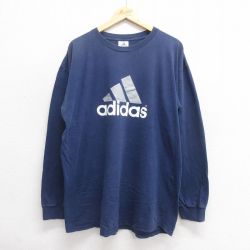 XL★古着 アディダス adidas 長袖 ビンテージ Tシャツ メンズ 90年代 90s ビッグロゴ コットン クルーネック USA製 紺 ネイビー 25jun20 中古
