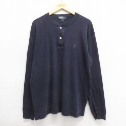 XL★古着 ラルフローレン Ralph Lauren 長袖 ブランド Tシャツ メンズ 90年代 90s ワンポイントロゴ 大きいサイズ コットン ヘンリーネック 紺 ネイビー 25jun20 中古