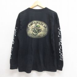 XL★古着 長袖 Tシャツ メンズ トカゲ コットン クルーネック 黒 ブラック 25jun20 中古