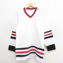 L★古着 長袖 ビンテージ Tシャツ アイスホッケー ジャージ メンズ 80年代 80s メッシュ地 Vネック カナダ製 白 ホワイト ユニフォーム ゲームシャツ 25jun20 中古