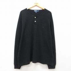 XL★古着 ラルフローレン Ralph Lauren 長袖 ブランド Tシャツ メンズ 90年代 90s ワンポイントロゴ 大きいサイズ コットン ヘンリーネック 黒 ブラック 25jun21 中古