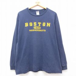 XL★古着 長袖 ビンテージ Tシャツ メンズ 00年代 00s ボストン コットン クルーネック 濃紺 ネイビー 25jun21 中古