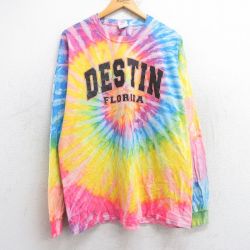 【20%OFF】XL★古着 長袖 ビンテージ Tシャツ メンズ 00年代 00s デスティン フロリダ コットン クルーネック ピンク他 タイダイ 25jun25 中古