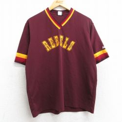 L★古着 スイングスター 半袖 ビンテージ Tシャツ メンズ 80年代 80s REBELS ROITZ WELDING 20 Vネック USA製 えんじ 25jun25 中古