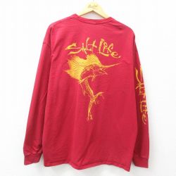 XL★古着 長袖 Tシャツ メンズ 魚 SALT LIFE 大きいサイズ コットン クルーネック 赤 レッド 25jun25 中古