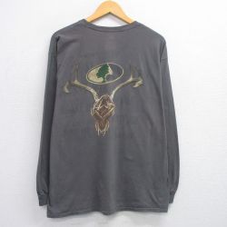XL★古着 長袖 Tシャツ メンズ モッシーオーク 大きいサイズ コットン クルーネック 濃グレー 25jun26 中古