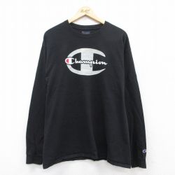 XL★古着 チャンピオン Champion 長袖 Tシャツ メンズ ビッグロゴ クルーネック 黒 ブラック 25jun27 中古