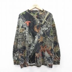【50%OFF】XL★古着 ラッセル 長袖 Tシャツ メンズ MOOSE CLUB モッシーオーク 胸ポケット付き 大きいサイズ コットン クルーネック 茶他 ブラウン 迷彩 25jun27 中古
