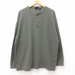 XL★古着 ルート66 長袖 ビンテージ Tシャツ メンズ 00年代 00s 無地 鹿の子 大きいサイズ コットン ヘンリーネック 濃緑 グリーン 25jun27 中古