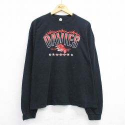 XL★古着 長袖 ビンテージ Tシャツ メンズ 00年代 00s　DAVIES DRAGONS 大きいサイズ コットン クルーネック 黒 ブラック 25jun28 中古