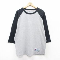 XL★古着 チャンピオン champion 7分袖 Tシャツ メンズ 無地 ラグラン ツートンカラー クルーネック グレー 霜降り他 25jul01 中古 7分丈 七分丈 七分袖