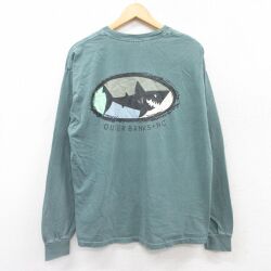 XL★古着 長袖 ビンテージ Tシャツ メンズ 00年代 00s サメ コットン クルーネック 緑 グリーン 25jul01 中古