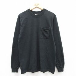 L★古着 長袖 ビンテージ Tシャツ メンズ 90年代 90s 無地 胸ポケット付き コットン クルーネック USA製 黒 ブラック 【spe】 25jul01 中古