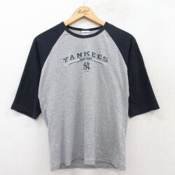 M★古着 7分袖 ビンテージ Tシャツ メンズ 00年代 00s MLB ニューヨークヤンキース ラグラン クルーネック グレー 霜降り他 メジャーリーグ ベースボール 野球 25jul01 中古 7分丈 七分丈 七分袖
