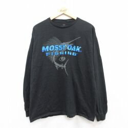 【20%OFF】XL★古着 長袖 Tシャツ メンズ モッシーオーク フィッシング カジキ コットン クルーネック 黒 ブラック 25jul01 中古