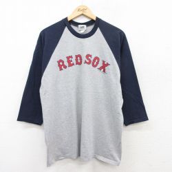 L★古着 リー Lee 7分袖 ビンテージ Tシャツ メンズ 00年代 00s MLB ボストンレッドソックス ラグラン ツートンカラー クルーネック USA製 グレー 霜降り他 メジャーリーグ ベースボール 野球 25jul02 中古 7分丈 七分丈 七分袖