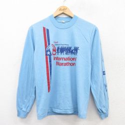 S★古着 スクリーンスターズ 長袖 ビンテージ Tシャツ メンズ 80年代 80s マラソン クルーネック USA製 水色 25jul02 中古