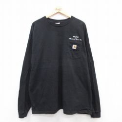 XL★古着 カーハート Carhartt 長袖 ビンテージ Tシャツ メンズ 00年代 00s ワンポイントロゴ ZIP RIB 胸ポケット付き 大きいサイズ コットン クルーネック 黒 ブラック 25jul12 中古