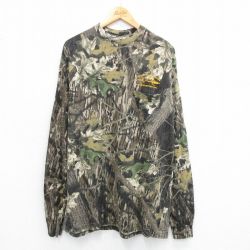 XL★古着 長袖 ビンテージ Tシャツ メンズ 00年代 00s BOWHUNTERS モッシーオーク 胸ポケット付き ロング丈 コットン クルーネック 茶他 ブラウン 迷彩 25jul12 中古