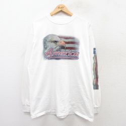 XL★古着 長袖 ビンテージ Tシャツ メンズ 00年代 00s アメリカ 鳥 星条旗 大きいサイズ コットン クルーネック 白 ホワイト 25jul14 中古