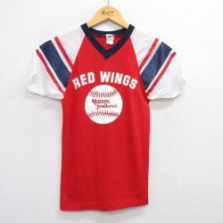 XS★古着 チャンピオン champion 半袖 ビンテージ Tシャツ メンズ 70年代 70s REDWINGS ラグラン Vネック USA製 赤他 レッド ユニフォーム ゲームシャツ 25jul16 中古
