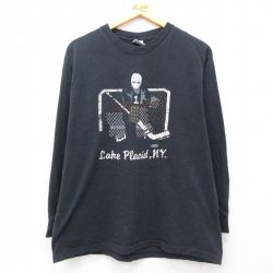 L★古着 長袖 ビンテージ Tシャツ メンズ 90年代 90s アイスホッケー コットン クルーネック USA製 黒 ブラック 25jul19 中古