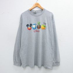 【50%OFF】XL★古着 長袖 Tシャツ メンズ ディズニー DISNEY ミッキー MICKEY MOUSE ドナルド 大きいサイズ クルーネック グレー 霜降り 25jul19 中古