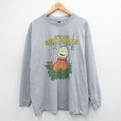 XL★古着 長袖 ビンテージ Tシャツ メンズ 00年代 00s ピーナッツ チャーリーブラウン 大きいサイズ クルーネック グレー 霜降り 25jul19 中古