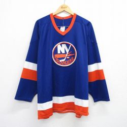 XL★古着 長袖 ビンテージ Tシャツ アイスホッケー ジャージ メンズ 90年代 90s ニューヨークアイランダース 大きいサイズ Vネック USA製 青他 ブルー 25jul19 中古