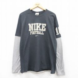 L★古着 ナイキ NIKE 長袖 ビンテージ Tシャツ メンズ 00年代 00s ビッグロゴ フロッキープリント ラグラン クルーネック 濃グレー他 25jul22 中古