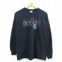 M★古着 長袖 ビンテージ Tシャツ メンズ 00年代 00s INDIANS コットン クルーネック 黒 ブラック 25jul22 中古