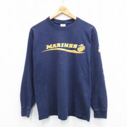 M★古着 長袖 ビンテージ Tシャツ メンズ 90年代 90s ミリタリー MARINES コットン クルーネック USA製 紺 ネイビー 25jul22 中古