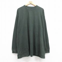 XL★古着 長袖 Tシャツ メンズ 無地 大きいサイズ ロング丈 コットン クルーネック 濃緑 グリーン 25jul22 中古