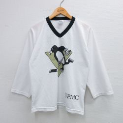 M★古着 長袖 ビンテージ Tシャツ メンズ 90年代 90s NHL ピッツバーグペンギンズ 87 メッシュ地 Vネック USA製 白 ホワイト 25jul25 中古