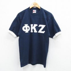S★古着 半袖 ビンテージ フットボール Tシャツ メンズ 80年代 80s ギリシャ文字 コットン クルーネック USA製 紺 ネイビー 25jul25 中古